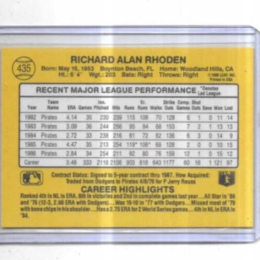 1987 Donruss - Rick Rhoden #435 Pittsburgh Pirates LEAF Near Mint Condition - Picture 2 of 4